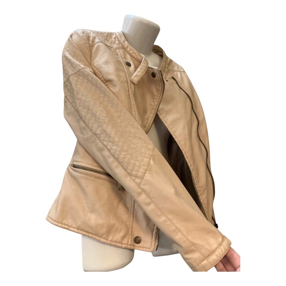 JouJou Women's Beige Faux Leather Full Zip Moto Jacket Zipper Pockets Snaps SZ L - Picture 6 of 11